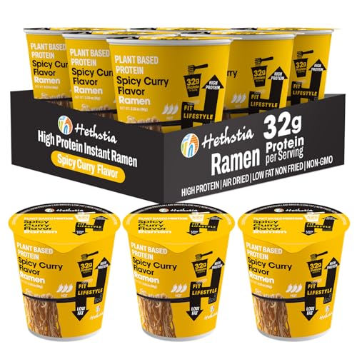 Image of Hethstia Protein Ramen Cup, Spicy Curry Flavor, 32g Plant Protein, 6 Pack | Vegan, Non-Fried Instant High-Protein Noodle Broth, Low Fat, Ready in Minutes Pre-Packaged Ramen Soup Cup