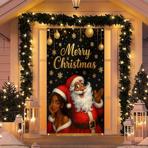 Image of BlissYard Christmas Door Cover Santa Ornaments 35x71 Inch Polyester