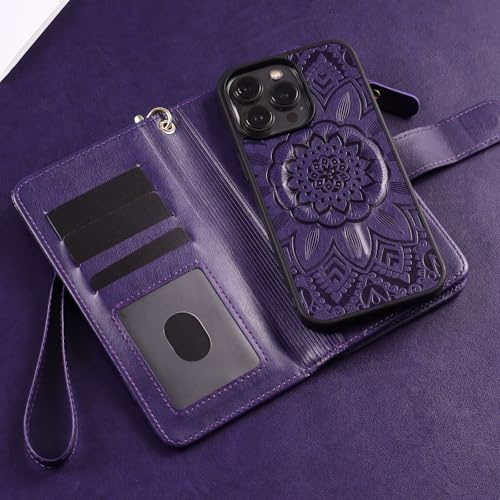Harryshell 2 in 1 for iPhone 16e 17e Wallet Case Magnetic Compatible with Magsafe RFID Blocking Card Holder Detachable Phone Cover Zipper Purse Kickstand Wrist Strap for Men Women Floral Purple - image 8