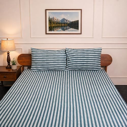 Image of Amazon Brand - Umi Cotton Fitted Bedsheet, Queen Size 78x60 Inches, Elastic Fit Bed Sheet, 10 Inch Deep Pocket, Soft Breathable Bedding, Durable Easy Care, with Pillow Cover-Aqua Stripe