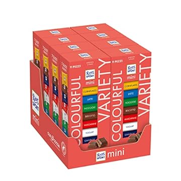 Ritter Sport Mini Tower 150g Colourful Variety, Mix Cioccolatini, 7 Gusti, Cioccolato al Latte, Nocciole, Fiocchi di Mais, Cornflakes, Gianduia, Ripieno allo Yogurt e Biscotto, 8 Mini Tower da 9 Pezzi