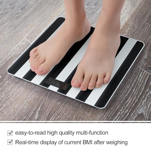 Báscula digital de baño blanca con rayas negras y pantalla LCD miniatura 5