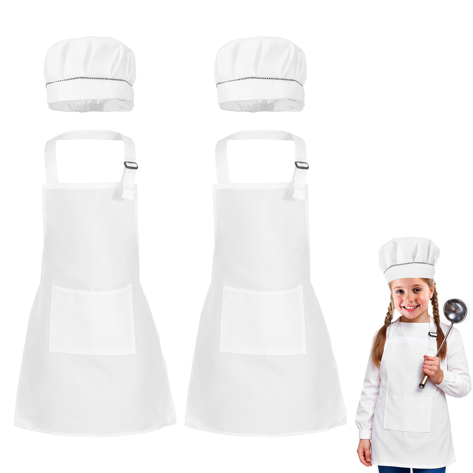 Quilax 2 Set Kids Apron and Chef Hat Set, Adjustable Cooking Painting Apron with Butcher Hat, Kitchen Baker Chef Costume for Children Boys Girls(White)