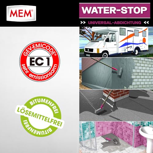 Foto von MEM Water Stop, Universalabdichtung und Feuchtigkeitssperre, Optimal geeignet für die Innen- und Außenanwendung, Lösemittel-, silikon- und bitumenfrei, Dichtet sofort, Grau, 14 kg