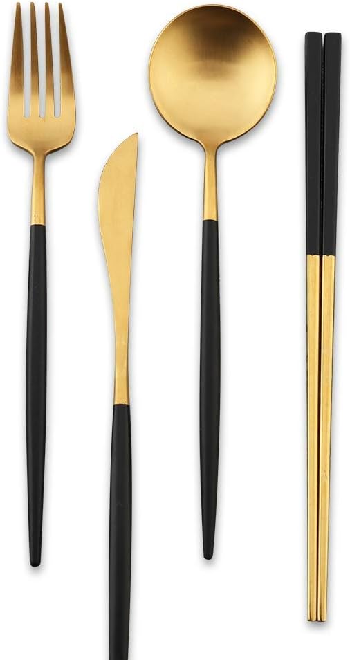 Islandoffer Premium 304 Stainless Steel Knife Fork Spoon Chopstick Set Flatware Dinnerware Cutlery Tableware Set with Black Gift box (Black Gold)