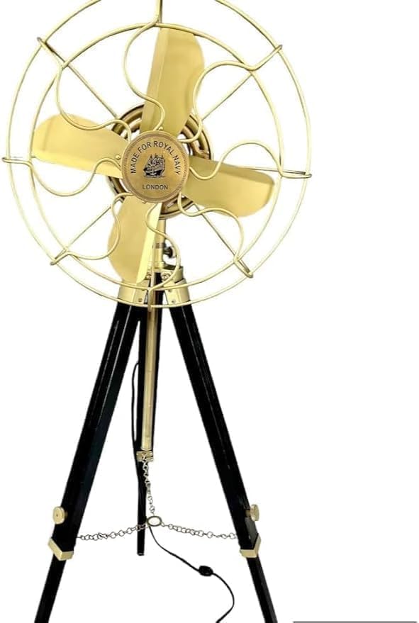 Antique Floor Fan with Adjustable Brown Wooden Tripod Stand — Vintage Style Home and Office Décor.