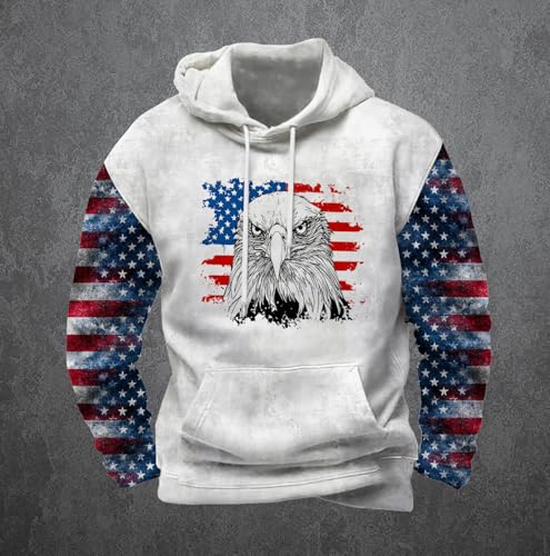Men's Ethnic Print Sweatshirt American Flag Hoodies Drawstring Drop Shoulder Cowboy Pullover Tops with Pocket4
