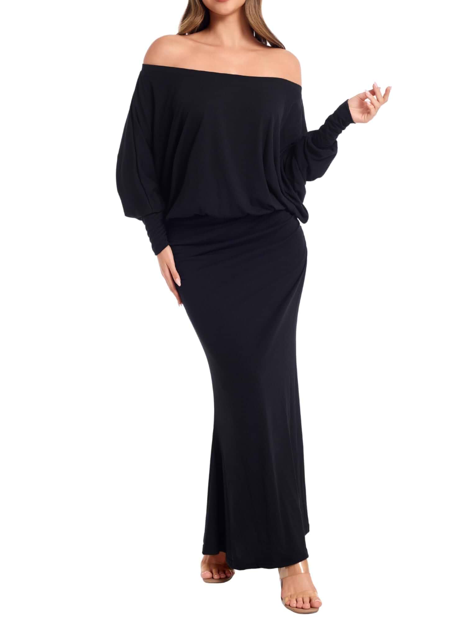 Women Off The Shoulder Maxi Ruched Wrap Long Sleeve Formal Dress One Shoulder Long Sleeve Batwing Bodycon Elegant Fall Date Night Night Out Cocktail Party Vacation Wedding Guest Dresses