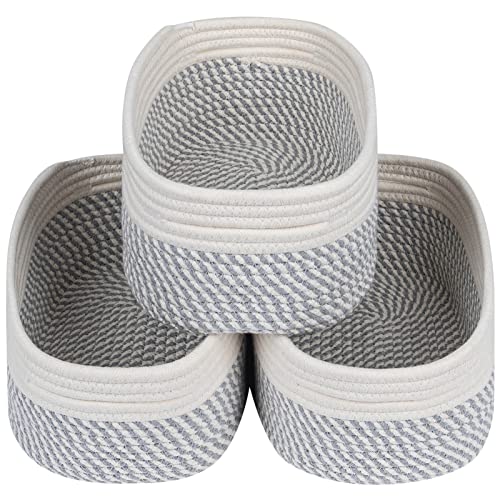 Image of CubesLand Small Baskets, Storage Baskets for Organizing Shelves, Rectangular Woven Storage Basket Natural Cotton Rope Bins Closet Baby Nursery Empty Gifts Basket Off White/Mixed Gray