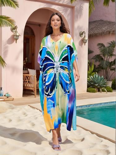 Image of IMAGEKOPE Kaftan Dresses for Women Plus Size Bathing Suit Cover up Vneck Batwing Dress Loose fit Moroccan Caftan mumu Dresses