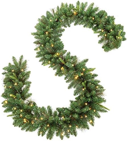 LIFEFAIR 9 FT by 12 Inch Christmas Garland,Pre-lit Garland with 50 Warm Lights, Classic Green Christmas Garland with 340 Branch Tips