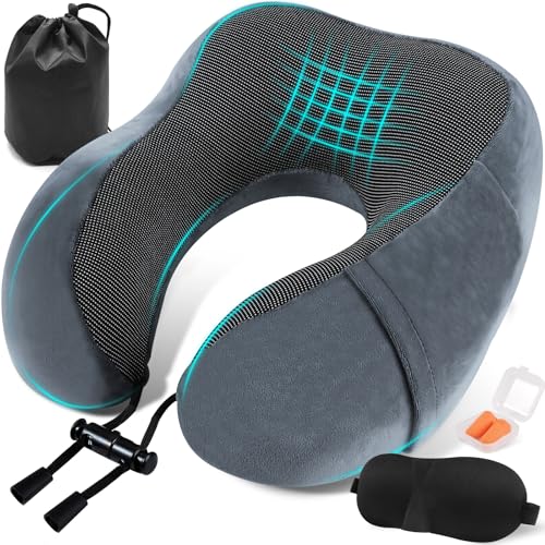 Almohada de Viaje Cuello, Cojin Cervical para Avión Oficina Avión Tren Coche Viajando, Ajustable Almohada Cuello Viscoelastica de Espuma Memoria, con Máscara de Ojos, Tapones y Bolsa (Gris oscuro)