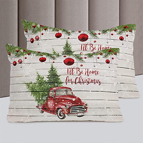 3 Piece Bedding Set Comforter/Quilt Cover Set Queen Size, I'll Be Home Christmas Red Vintage Truck Carrying Xmas Trees Duvet Cover Set with 2 Pillow Shams for Kids/Teens/Adults/Toddler - Thumbnail 5