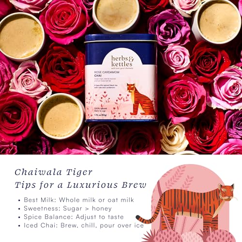 Image of Herbs & Kettles Chai - Rose Cardamom | Assam Black Tea with Rose Petals, Green Cardamom, Ginger, Cinnamon & Cloves | Floral Loose Leaf Blend | Makes 10-14 Servings | Premium Gift for Tea Lovers