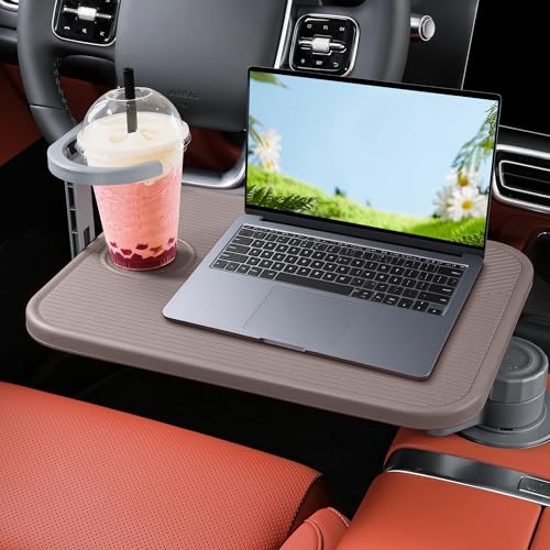 Car Tray & Car Desk for Laptop, 360° Rotating Wood Cup Holder Table,Aluminum Cantilever Laptop Mount for Vehicle,Steering Wheel Tray,Fits for Tesla Model Y/3/S,Camry Forester F150 Tundra&Most Vehicles