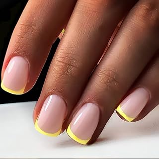 Press On Nails Short With Designs,Nude Square Stick On Nails For Women,French Yellow Acrylic Nails Press On,Full Cover Coffin Nails,Glue On Nails 24Pcs,Fake Nails For Nail Art Manicure Decoration Fashion Design