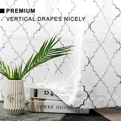 Kotile Moroccan Curtains For Living Room - White Sheer Curtains Silver Foil Moroccan Tile Print Rod Pocket Window Curtains Moroccan Trellis Sheer Curtains 84 Inches Long For Bedroom, 2 Panels #TOP4