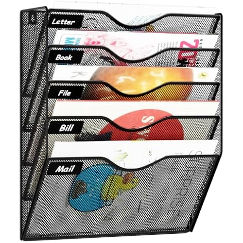 5 Pockets Hanging Wall File Organizer Mail Holder, Wall Mounted Paper Document Folder Holder, Clipboard Storage Organization Magazine Rack, Black