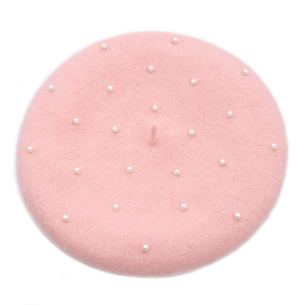 JOYHY Women's Beading Wool Artist Flat French Style Beret Hat Light Pink