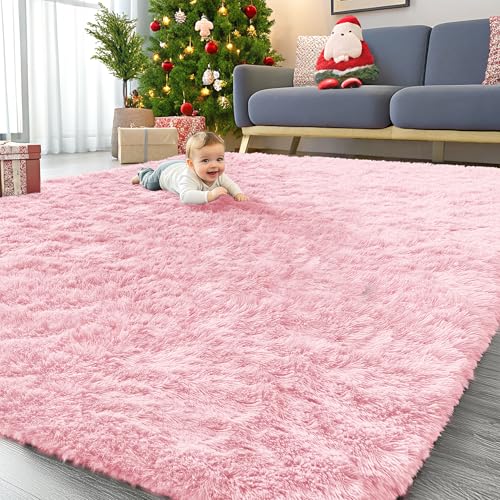 OLANLY 9x12 Machine Washable Large Area Rugs for Living Room, Bedroom, Soft Fluffy Shaggy Bedside Rug, Indoor Floor Carpet for Kids Girls and Boys, Dorms, Nursery, Home Decor Aesthetic, Pink