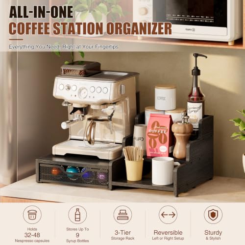 Image of Coffee Station Organizer Compatible with Nespresso Vertuo Pods, Holds 48 Small or 32 Large Pods, 3-Tier Coffee Bar Organizer with K-Cup Holder, Coffee Pod Drawer & Syrup Cups Rack for Accessories