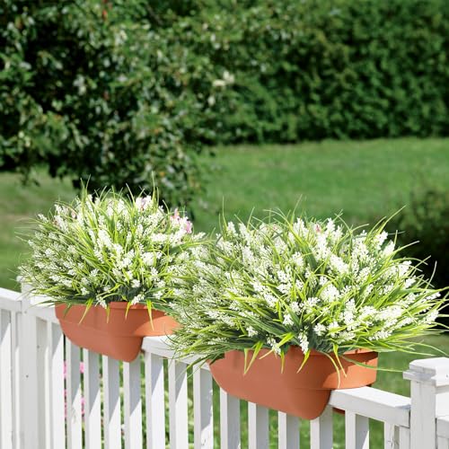 Image of Grunyia 20 Bundles Artificial Plants Outdoor Fake Monkey Grass with Flowers (White)