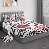 Pamnest Queen Size Bed Sheet Sets, Red Black City Graffiti Soft Microfiber 4 Pcs Bedding Sets for Kids and Adults Bedroom Bed Decor, Urban Abstract Paint Flat, Fitted Sheet and 2 Pillowcases