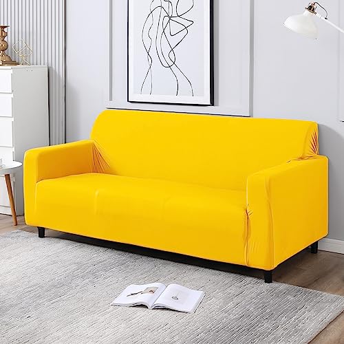 Image of HOKIPO Polyester 140 GSM Fully Covered Sofa Cover 5 Seater, Sunny Yellow (AR-4277-E20*2 + AR-4279-E20)