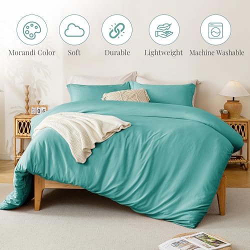 Image of MILDLY Duvet Cover Full Ultra Soft Comforter Cover Set 3pcs, Turquoise | Washed Microfiber Cotton-Like, Breathable Comfort, Hidden Zipper, Corner Ties, OEKO-TEX Certified, Fade Resistant