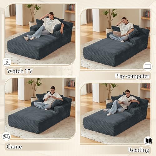 Image of 80 Inch Chaise Lounge Chair Indoor, Oversized Corduroy Upholstered Boneless Sofa Bed, Deep Seat Sleeper Couch Reading Chairs, Cloud Sofas Couches for Living Room, No Assembly Required (Dark Grey)