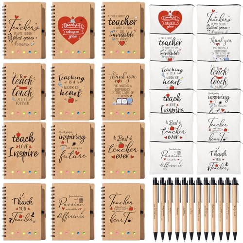 12Set Employee Appreciation Gifts Bulk, Thank You Gift Inspirational Notebook Makeup Bag for Team Volunteer Nurse Coworker Teacher, Cosmetic Bag Notepad with Bamboo Pen Gifts Box (12, Teacher)