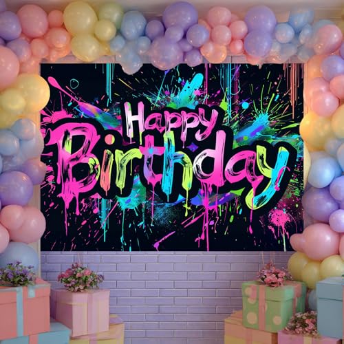 Image of HOMETITUTE Neon Happy Birthday Banner 96x72 Inch Happy Birthday Decor Party Background Decorations Colorful Graffiti Splash Paint Kids Birthday Supplies Glow Party Supplies