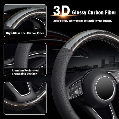image for KAFEEK Classic Carbon Fiber Steering Wheel Cover, Universal 15 inch, B