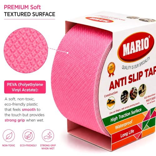 Image of Mario Soft Anti Skid Anti Slip Tape Pink 50mm (2 Inch) x 5m | Soft Surface Non Abrasive Barefoot Friendly Waterproof Grip Tape | Self Adhesive Safety Tape for Home Bathroom Stairs & Floor Use