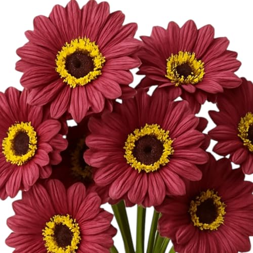 Image of Garden Art Artificial 5 Pcs Gerbera Flower Sticks, 33 cm, RealTouch Natural Looking | Silicone Decorative Bunch for Home GAAGFB-1H-33BR (Brown)