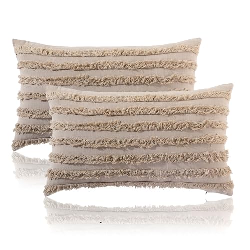 Image of mosey Boho Cushion Covers 20 inch x 20 inch Set of 2 | Pure Cotton 20x20 inch Cushion Cover 2020 | Soft Square Throw Pillow Cover 50 x 50cm for Sofa | Taupe