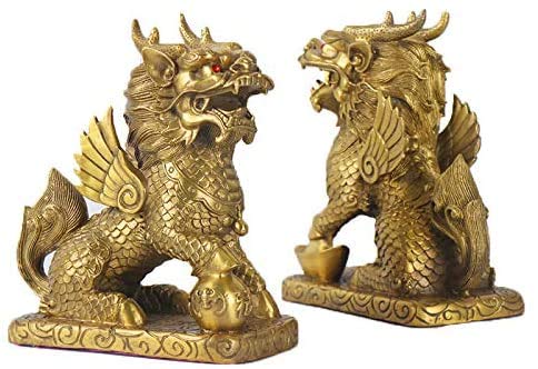 L.TSNFeng Shui Chi Lin|Kylin|Qili|Feng Shui Unicorn Statue Brass Home Decor Set Of Two Attract Wealth and Good Luck Wealth Prosperity Good Luck Ornament