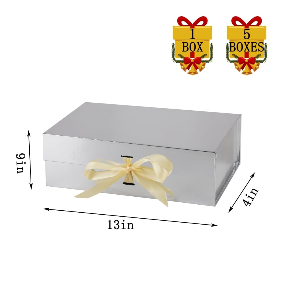 Große Geschenkboxen mit Deckel, 33 x 22,9 x 10,2 cm, große silberne Geschenkbox mit Schleife, Weihnachtsgeschenkbox, faltbare Geschenkboxen für Geschenke, Abschlussfeiern, Geburtstage, geschreddertes