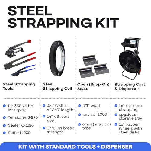 Image of Steel Strapping Kit - 3 /4 inch x 1860' (1770 lbs Break Strength) & 1000 Strapping Seals & Tensioner & Sealer & Dispenser - Extra Durable Packaging Steel Strapping Solution - P.SSK.34.FULL by IDL Packaging