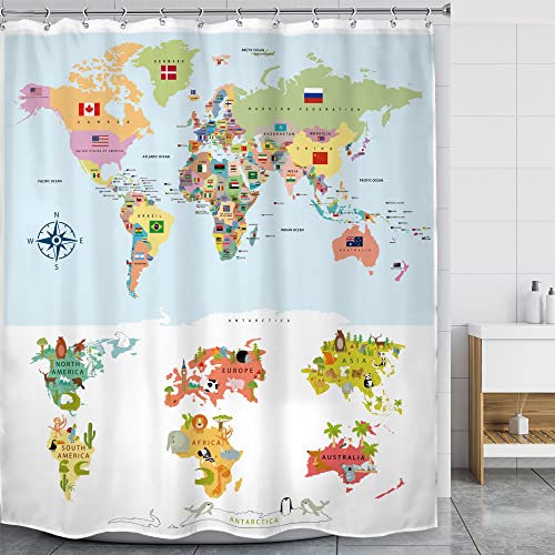Lghtyro Funny Animal World Map Shower Curtain 60Wx71H Inch Baby Kids Educational Map Shower Curtain Bathroom Set For Boys Girls Teens Colourful World Map Landmarks Bath Accessories Child Home Decor #TOP1