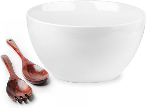 Miniatura 1 de LAUCHUH Tazón de porcelana de 5 cuartos con tapa, cuenco profundo extra grande de 10.7 pulgadas con cuchara y tenedor para mezclar ensalada,