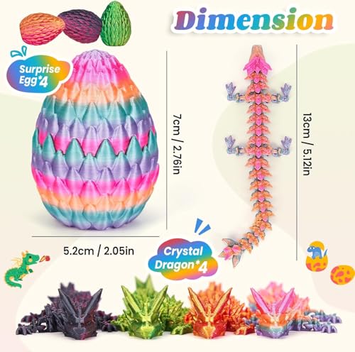 4er Set 3D Drachenei mit Drache – 13 cm bewegliche Gelenke Drachen spielzeuge, Kristall Drachen, Ostereier, ostergeschenke Kinder – Geeignet als Spielzeug ab 5/6/7/8/9 Jahre Jungen Mädchen