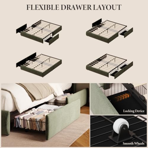 Image of Garvee Chenille Fabric Full Size Bed Frame with 2 Storage Drawers - Green