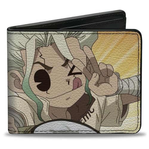 Buckle-Down Dr. Stone Wallet, Bifold, Dr Stone Chibi Senku Ishigami Peace Pose and Logo Yellows, Vegan Leather