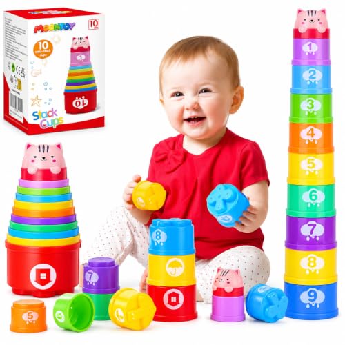 MOONTOY Stacking Cups Baby Toys 6 10 12 18 Months, Montessori Toys for 1 Year Old Toddler Learning Toy with Numbers Shapes Patterns, Baby Bath Toy 6-12 Months, Gifts for 1 2 3 Year Old Boys Girls
