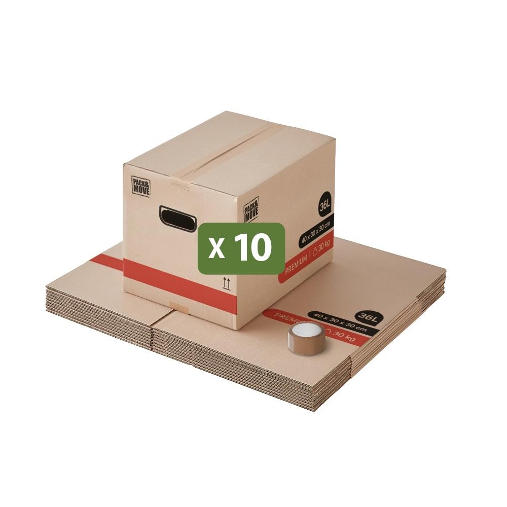 Pack and Move - Zestaw 10 kartonów przeprowadzkowych premium - 40 x 30 x 30 cm - ekstremalna wytrzymałość 30 kg - wielokrotnego użytku - podwójna grubość - wzmocnione uchwyty - 1 klej w prezencie