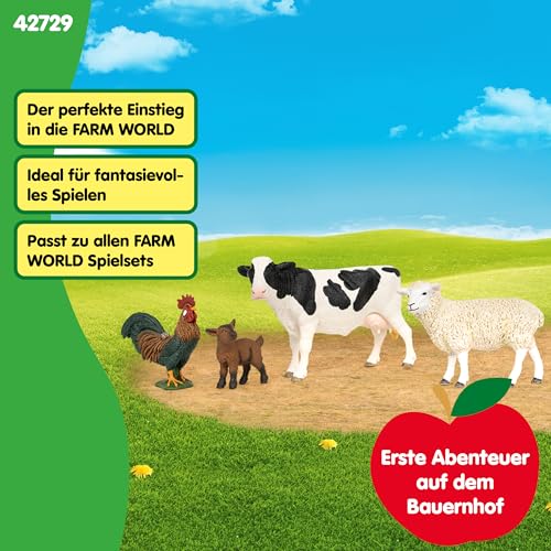 schleich FARM WORLD | Bauernhof Starterset 42729 | Spielset mit Ziege, Kuh, Schaf & Hahn | detailgetreue Tierfiguren & Sammelfiguren | Bauernhof Spielzeug ab 3 Jahren | schleich Tiere Set aus 4 Teilen