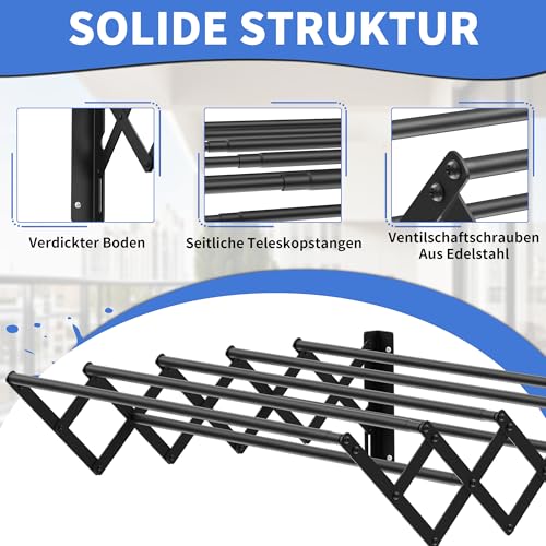 FREEAMG Wäscheständer Wandmontage, Klappbarer Wand-Wäschetrockner, Teleskop Wandmontierter Wäschetrockner, Edelstahl Wandtrockner, Ausziehbarer Handtuchhalter für den Innen & Außenbereich (Schwarz)
