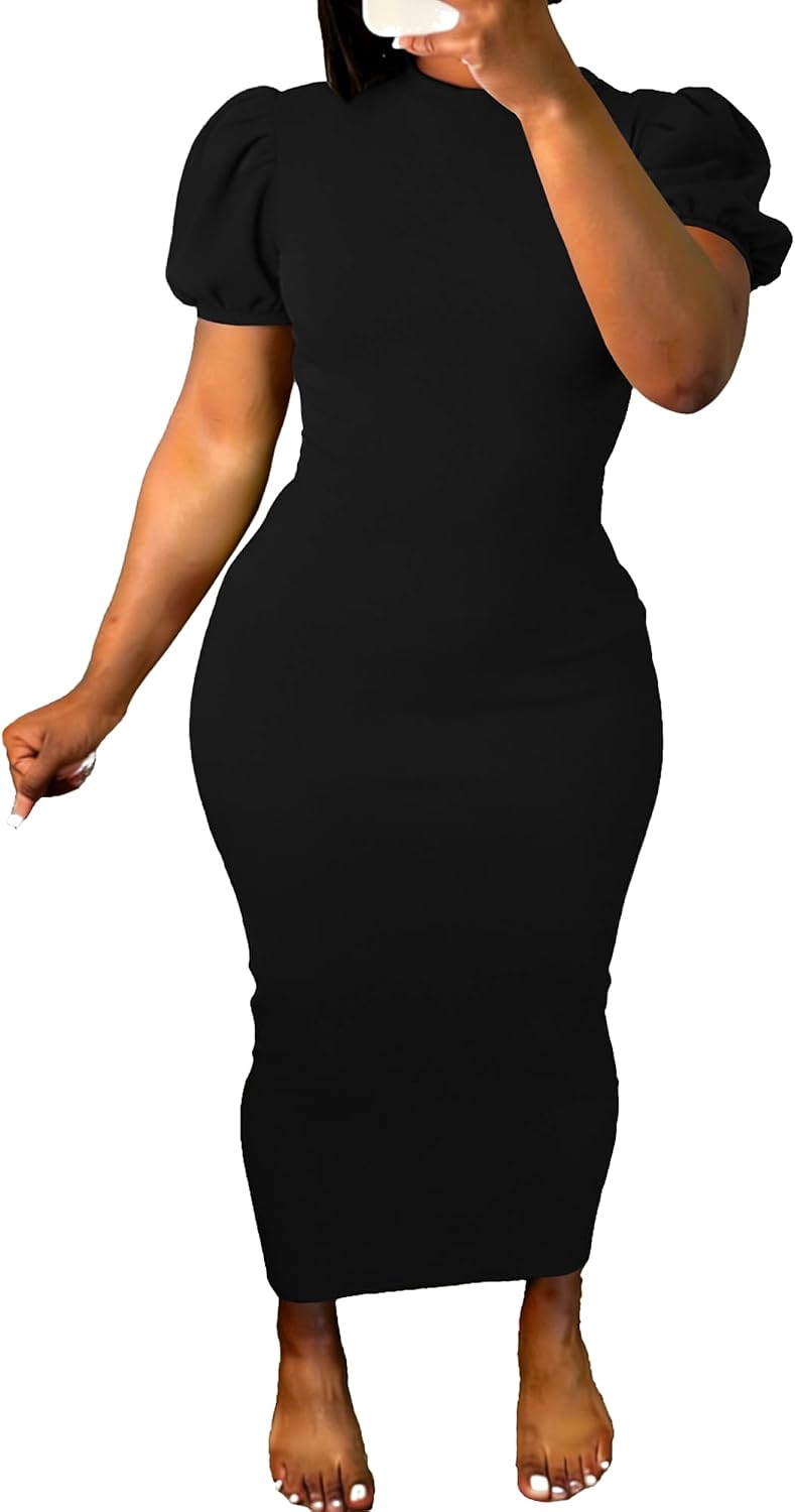 Women's Bodycon Maxi Dress Summer Puff Sleeve Casual Elegant Party Club Night Out Dress