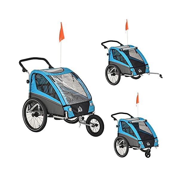 HOMCOM 3 in 1 Kinderanhänger Aluminium Kinder Jogger Fahrradanhänger Radanhänger für 2 Kinder mit…